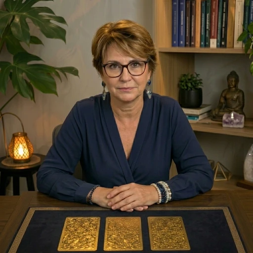 Sensitiva sentada à mesa com três cartas de tarot douradas